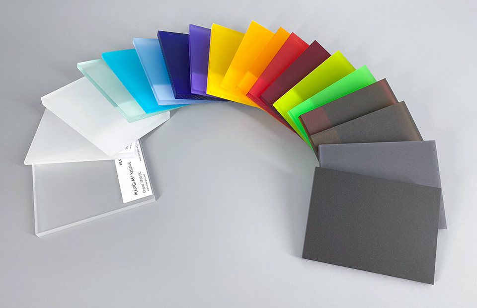 Werbehaug Materialkunde Platten Plexiglas Satinice farbig Satino-Acrylglas satiniertes Acrylglas